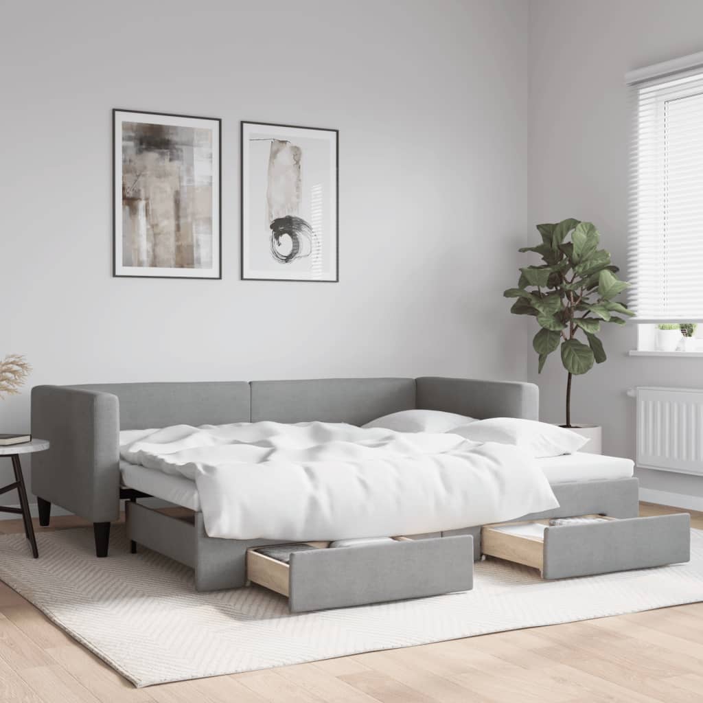 Slaapbank met onderschuifbed en lades 90x190 cm stof lichtgrijs – afbeelding 1