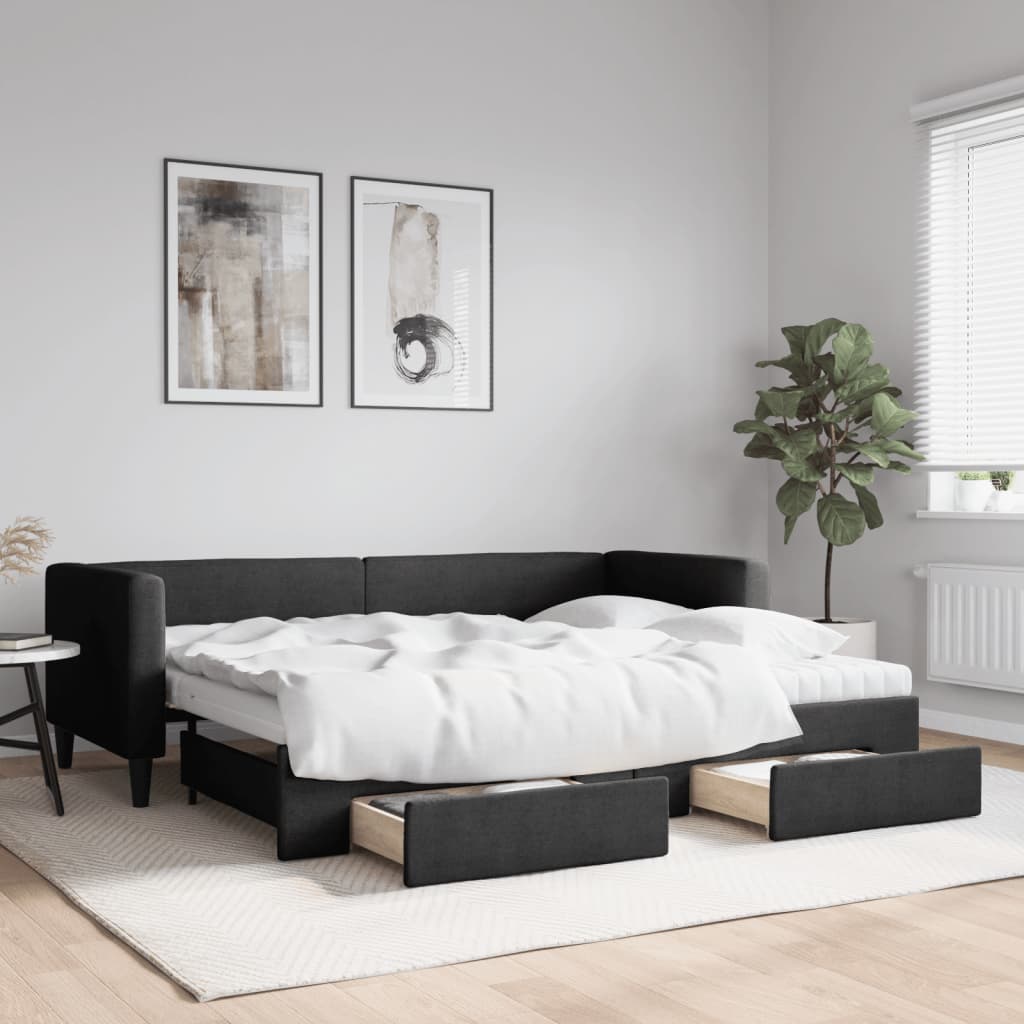 Slaapbank met onderschuifbed en lades 80x200 cm stof zwart – afbeelding 1
