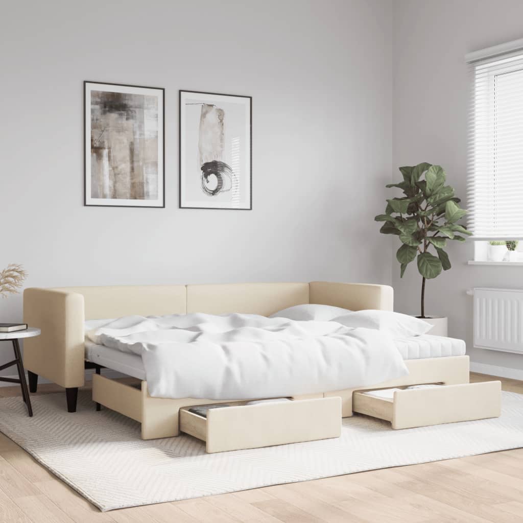 Slaapbank met onderschuifbed en lades 80x200 cm stof crèmekleur – afbeelding 1