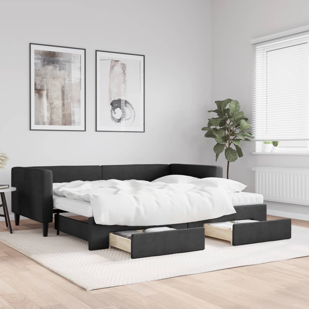 Slaapbank met onderschuifbed en lades 90x190 cm stof zwart – afbeelding 1