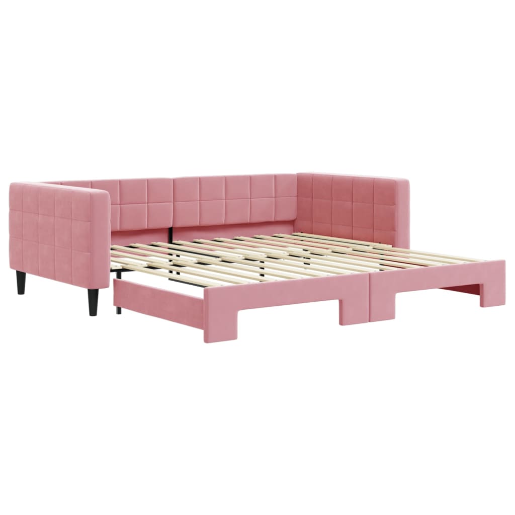 Slaapbank met onderschuifbed 100x200 cm fluweel roze – afbeelding 2