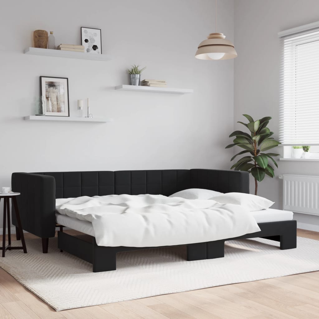 Slaapbank met onderschuifbed 90x190 cm fluweel zwart – afbeelding 1