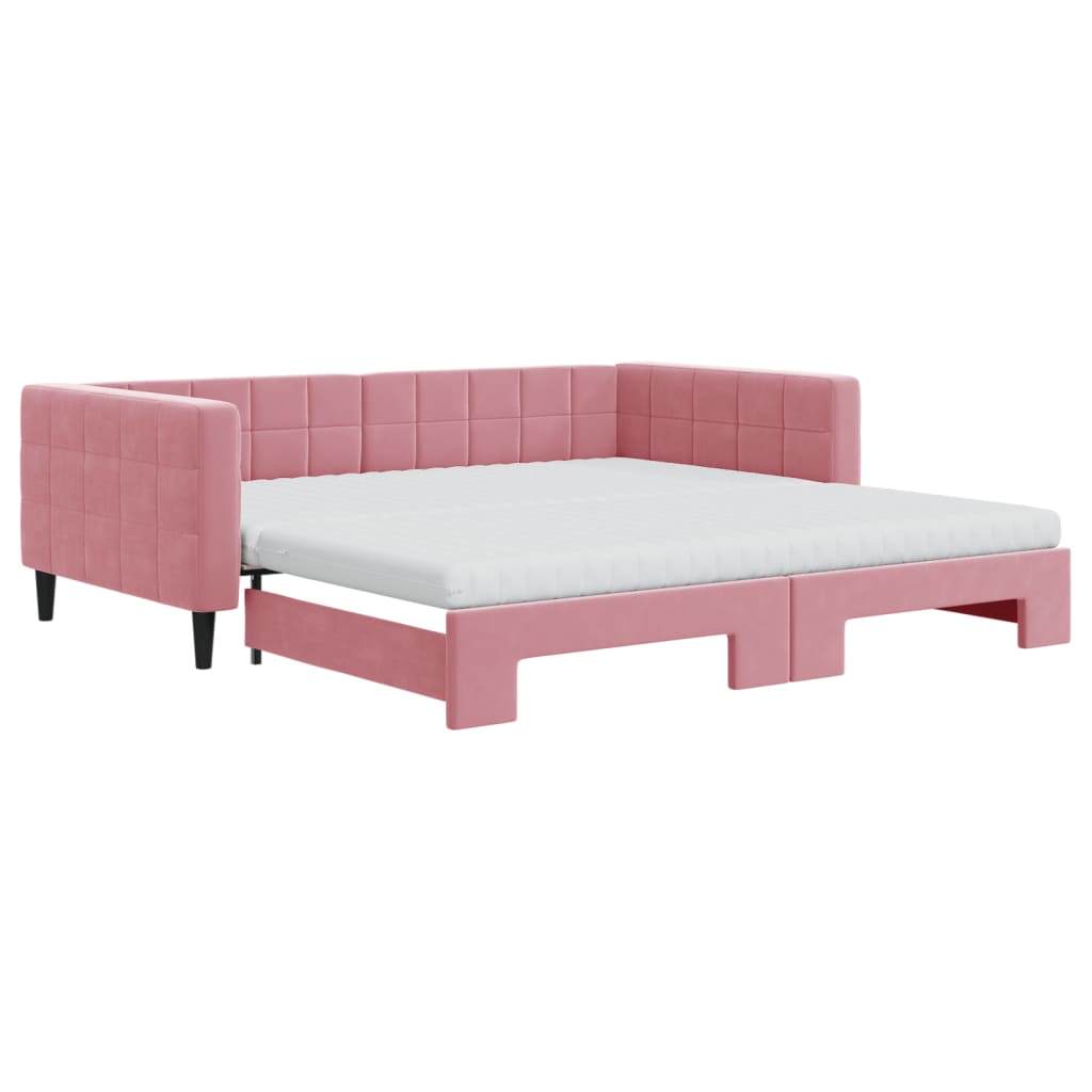 Slaapbank onderschuifbed en matrassen 100x200 cm fluweel roze – afbeelding 2
