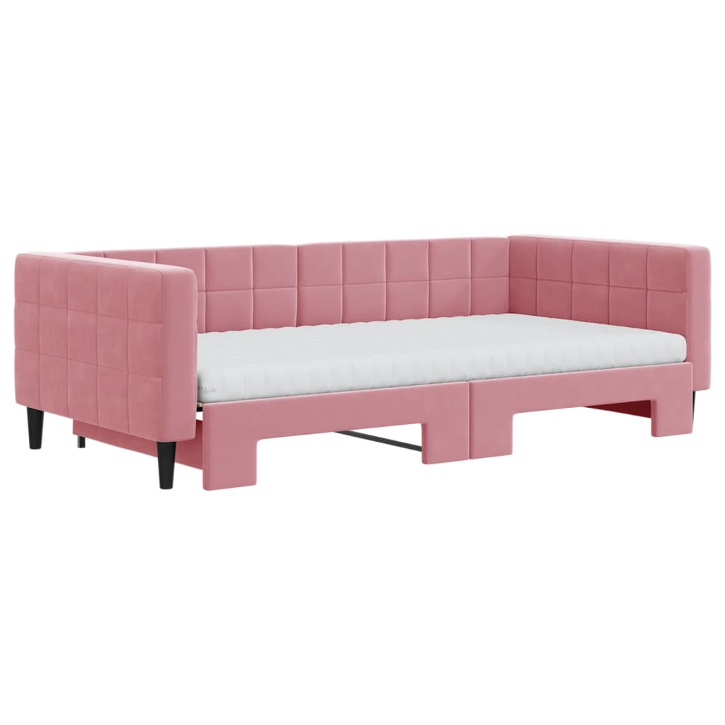 Slaapbank onderschuifbed en matrassen 100x200 cm fluweel roze – afbeelding 3