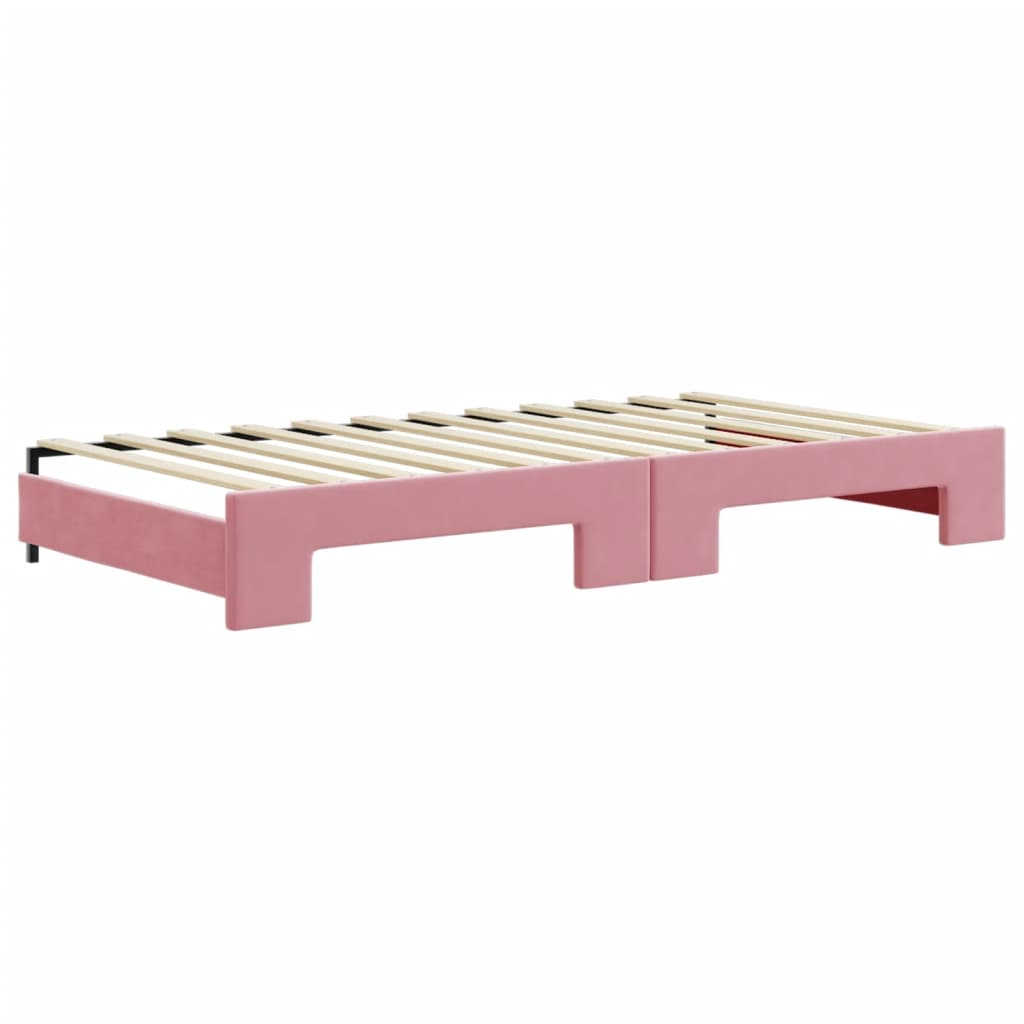Slaapbank onderschuifbed en matrassen 100x200 cm fluweel roze – afbeelding 5