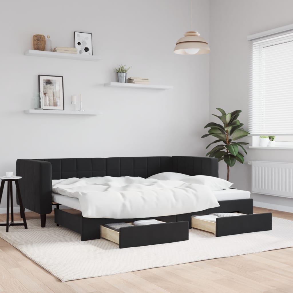 Slaapbank met onderschuifbed en lades 80x200 cm fluweel zwart – afbeelding 1