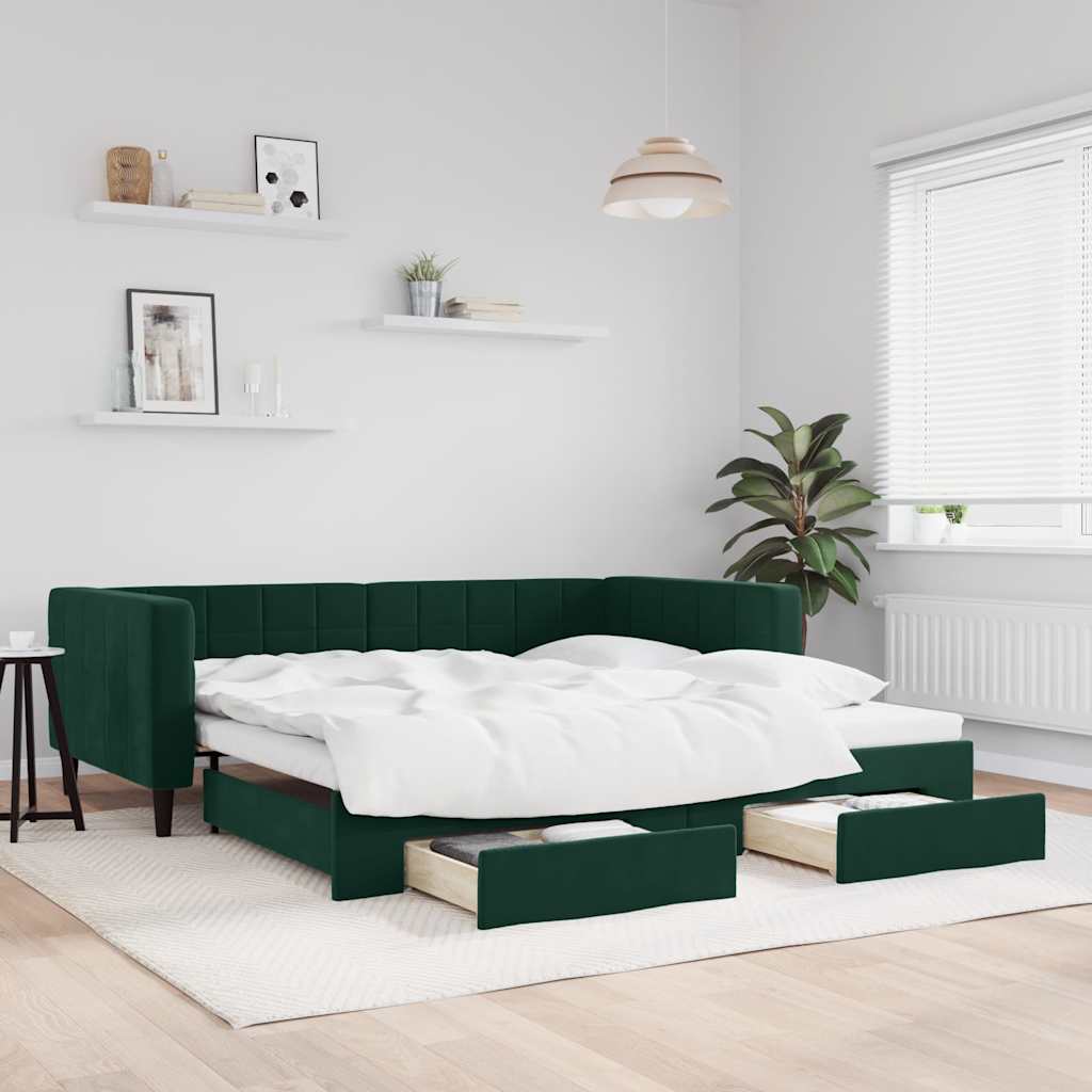 Slaapbank onderschuifbed lades 100x200 cm fluweel donkergroen – afbeelding 1