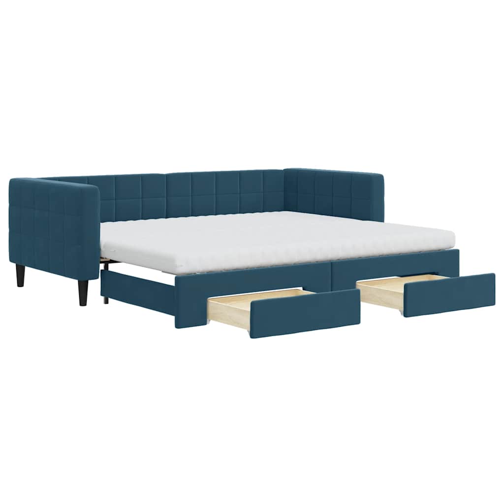 Slaapbank met onderschuifbed en lades 90x200 cm fluweel blauw – afbeelding 2