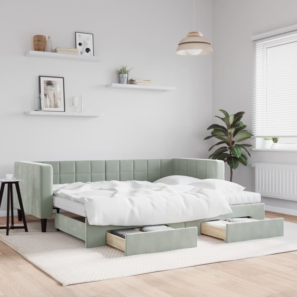 Slaapbank onderschuifbed en lades 90x190 cm fluweel lichtgrijs – afbeelding 1