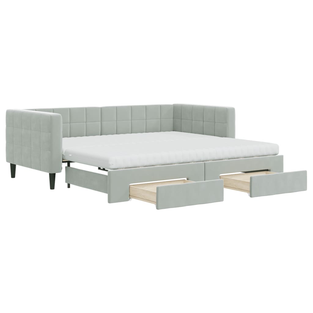 Slaapbank onderschuifbed en lades 90x190 cm fluweel lichtgrijs – afbeelding 2