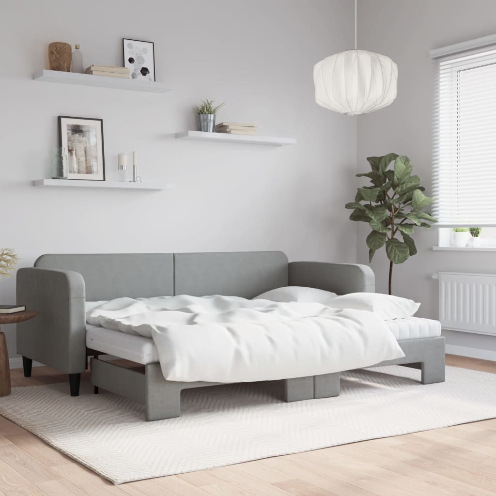 Slaapbank onderschuifbed en matrassen 80x200 cm stof lichtgrijs – afbeelding 1
