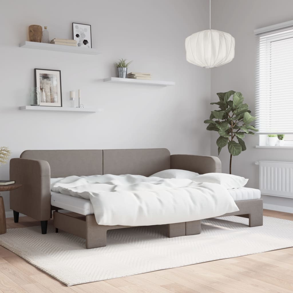 Slaapbank met onderschuifbed en matrassen 80x200 cm stof taupe – afbeelding 1