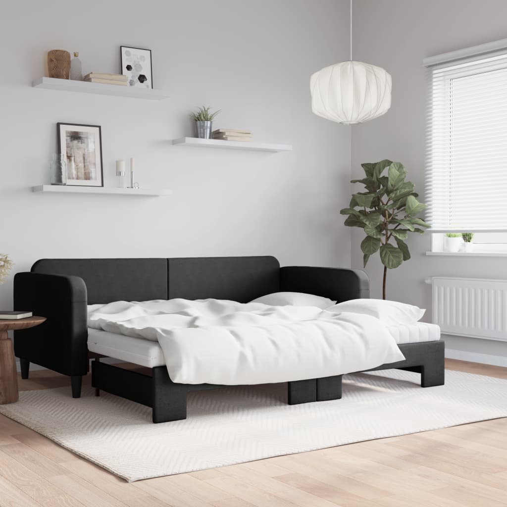 Slaapbank met onderschuifbed en matrassen 90x190 cm stof zwart – afbeelding 1