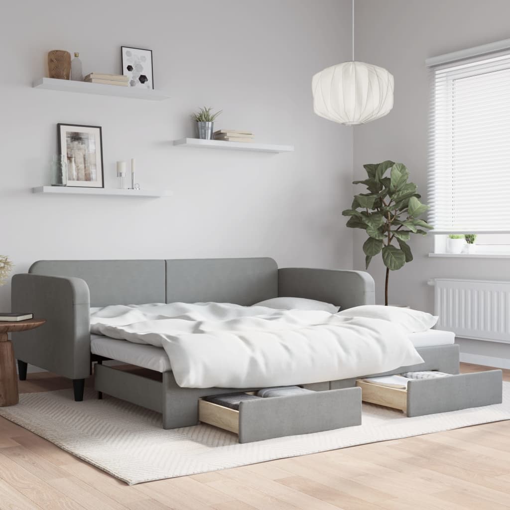 Slaapbank onderschuifbed en lades 100x200 cm stof lichtgrijs – afbeelding 1