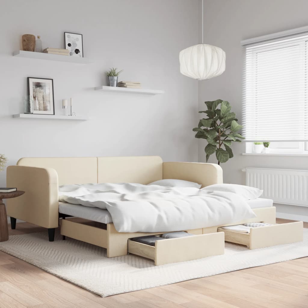 Slaapbank met onderschuifbed en lades 100x200 cm stof crème – afbeelding 1