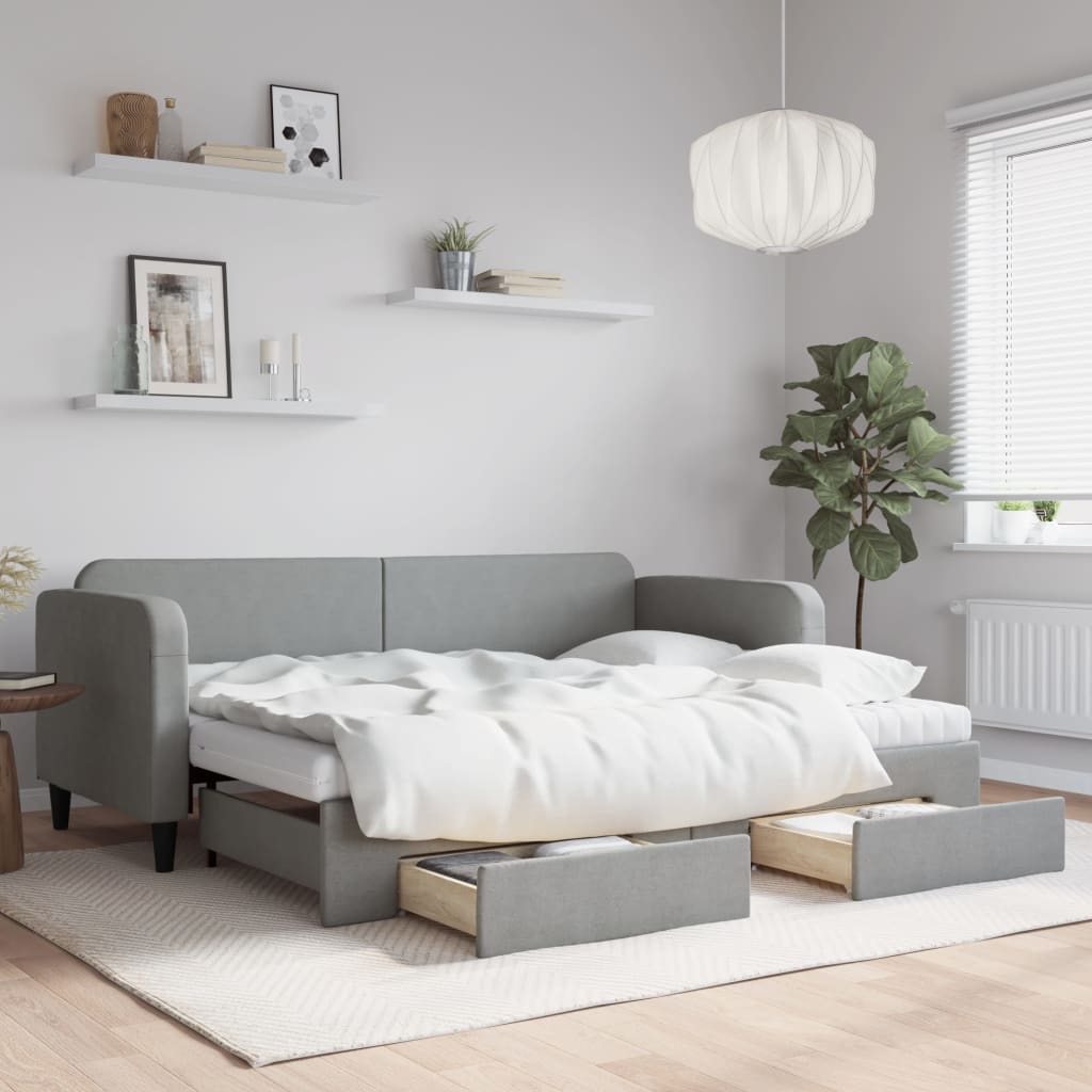 Slaapbank met onderschuifbed en lades 80x200 cm stof lichtgrijs – afbeelding 1