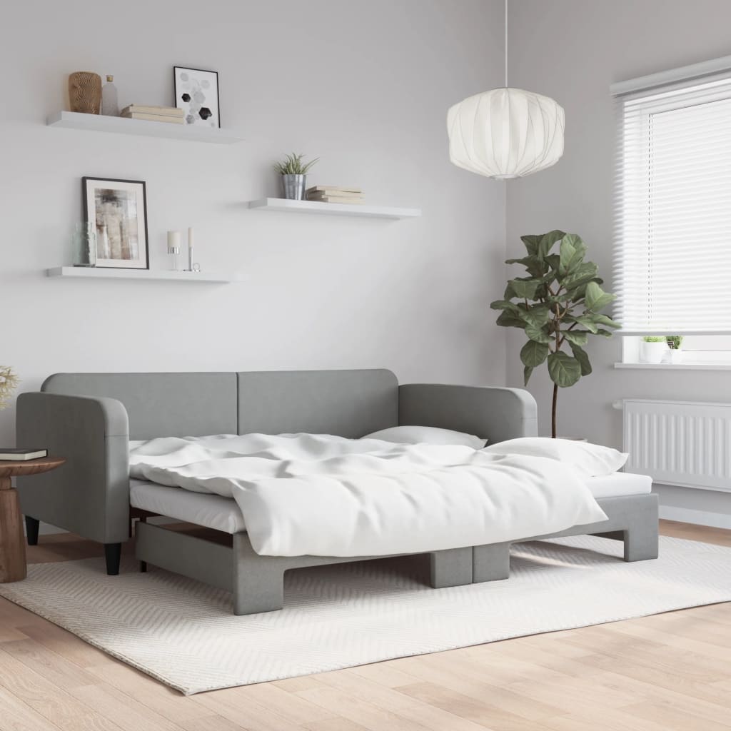 Slaapbank met onderschuifbed 100x190 cm stof lichtgrijs – afbeelding 1