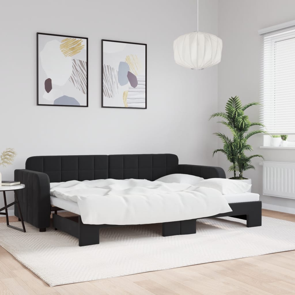 Slaapbank met onderschuifbed 80x200 cm fluweel zwart – afbeelding 1