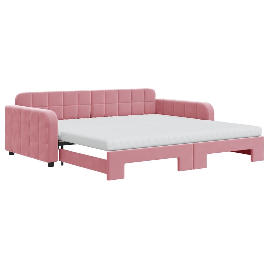 Slaapbank onderschuifbed en matrassen 100x200 cm fluweel roze – afbeelding 2