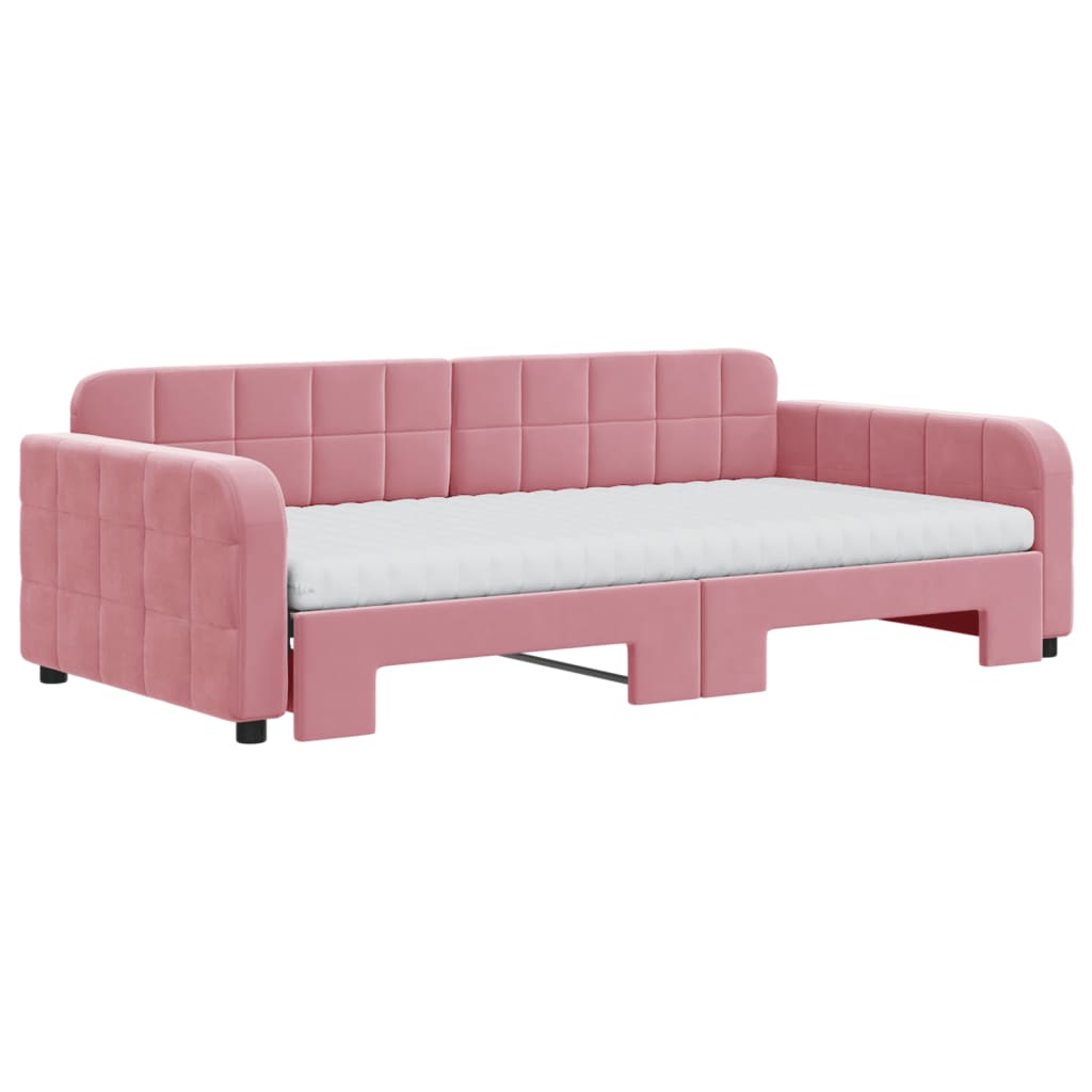 Slaapbank onderschuifbed en matrassen 100x200 cm fluweel roze – afbeelding 3