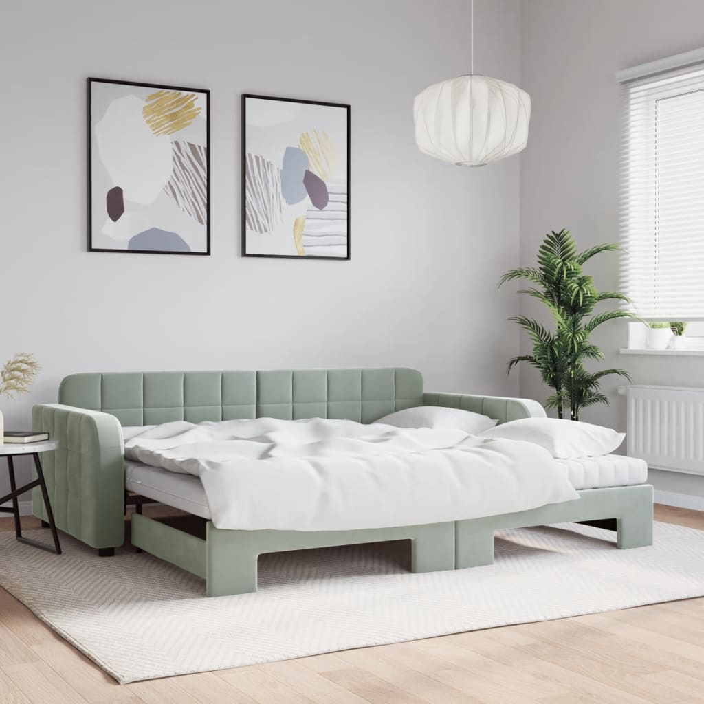 Slaapbank onderschuifbed matrassen 100x200cm fluweel lichtgrijs – afbeelding 1