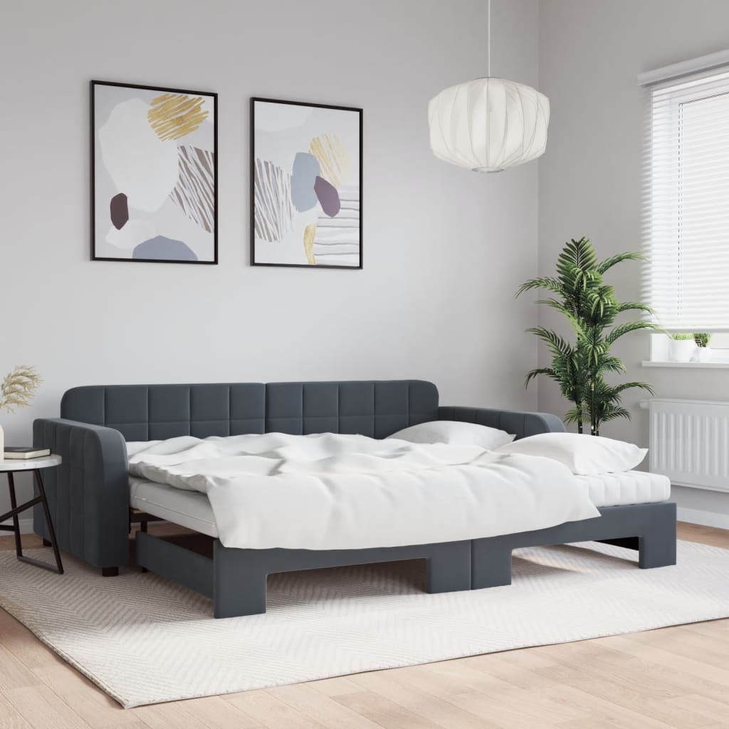 Slaapbank onderschuifbed matrassen 90x190cm fluweel donkergrijs – afbeelding 1