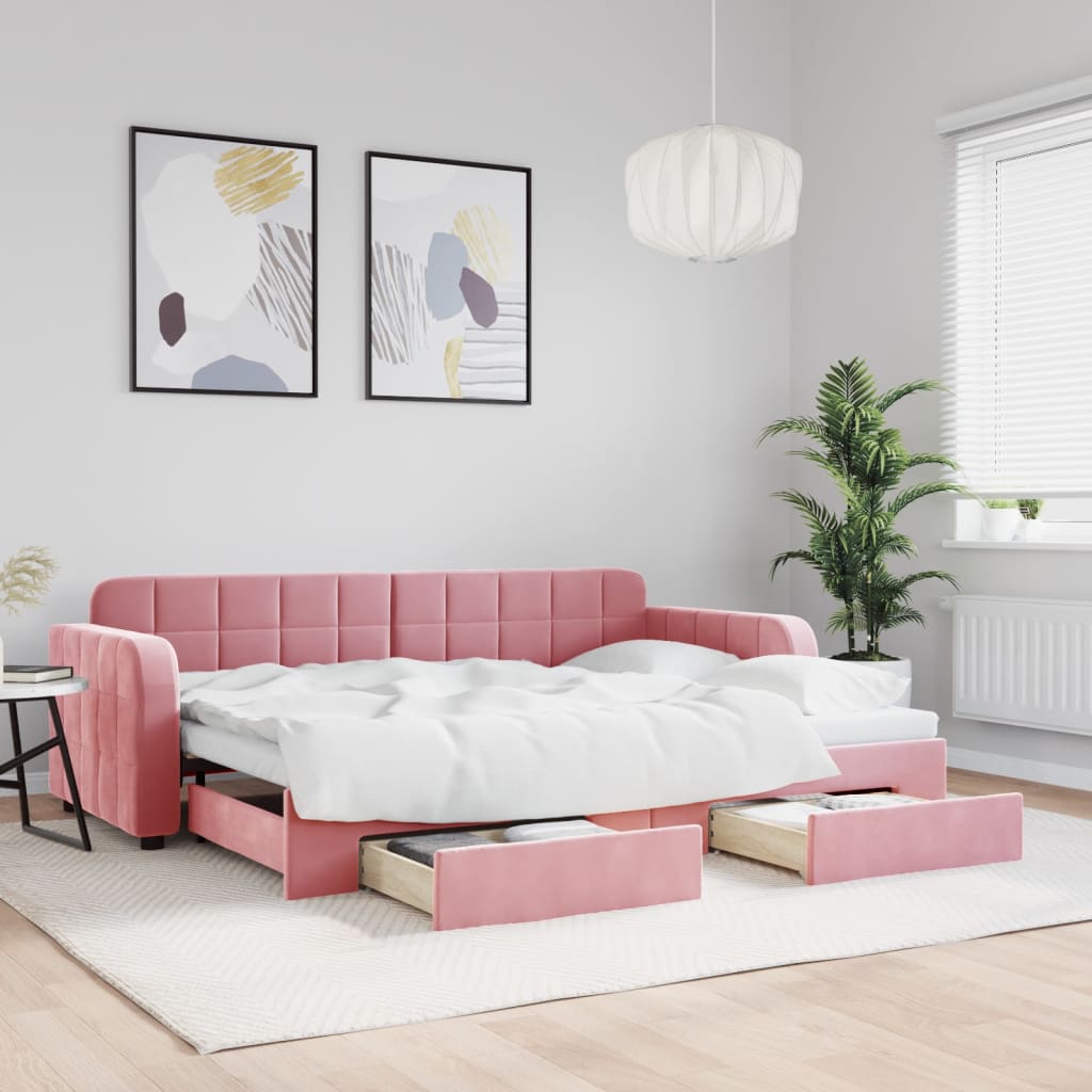 Slaapbank met onderschuifbed en lades 80x200 cm fluweel roze