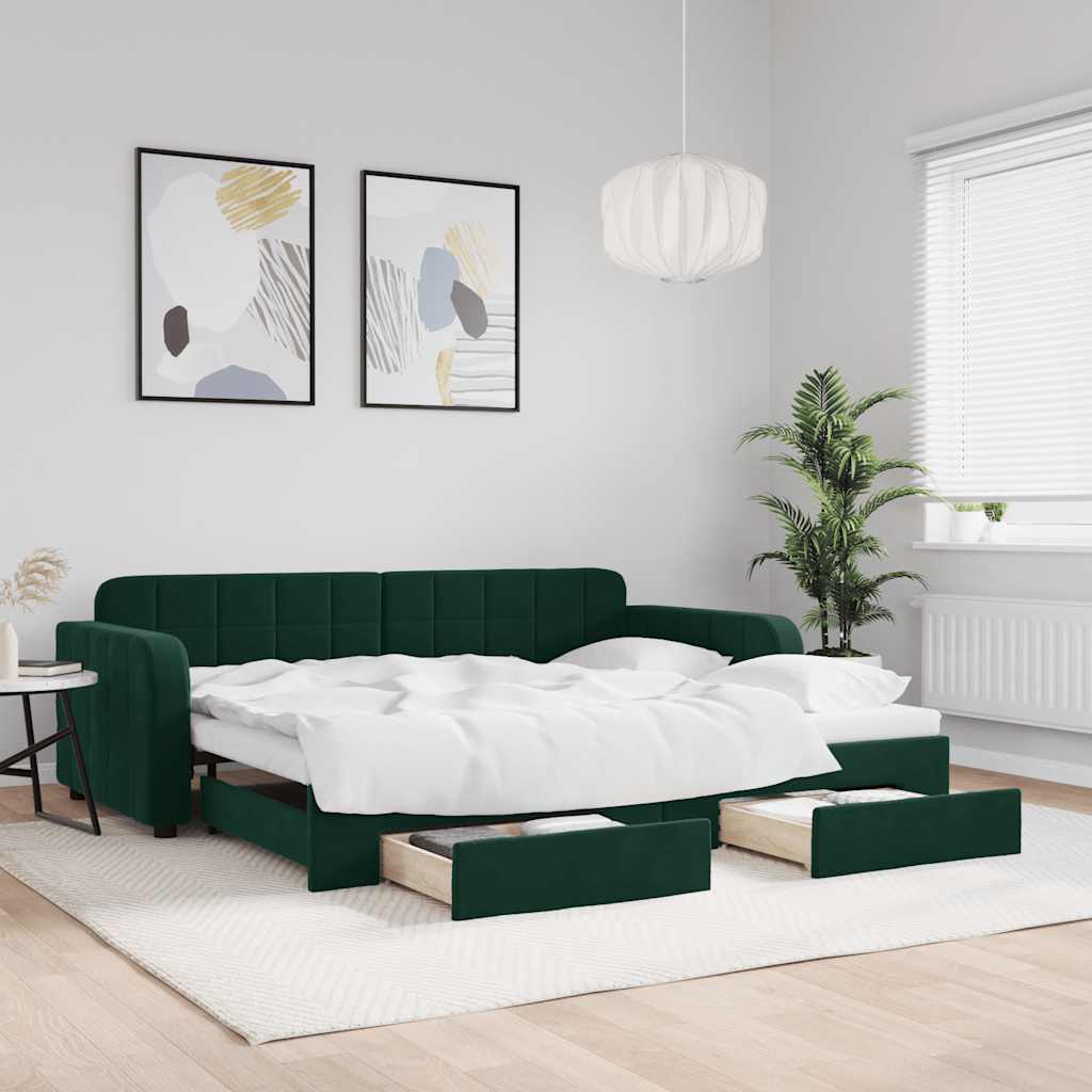 Slaapbank onderschuifbed en lades 90x200 cm fluweel donkergroen – afbeelding 1