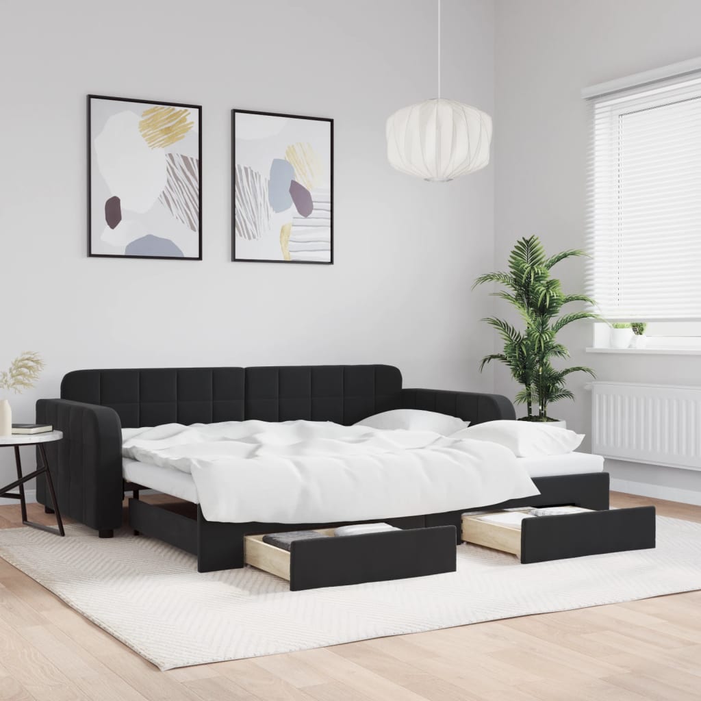 Slaapbank met onderschuifbed en lades 90x190 cm fluweel zwart – afbeelding 1