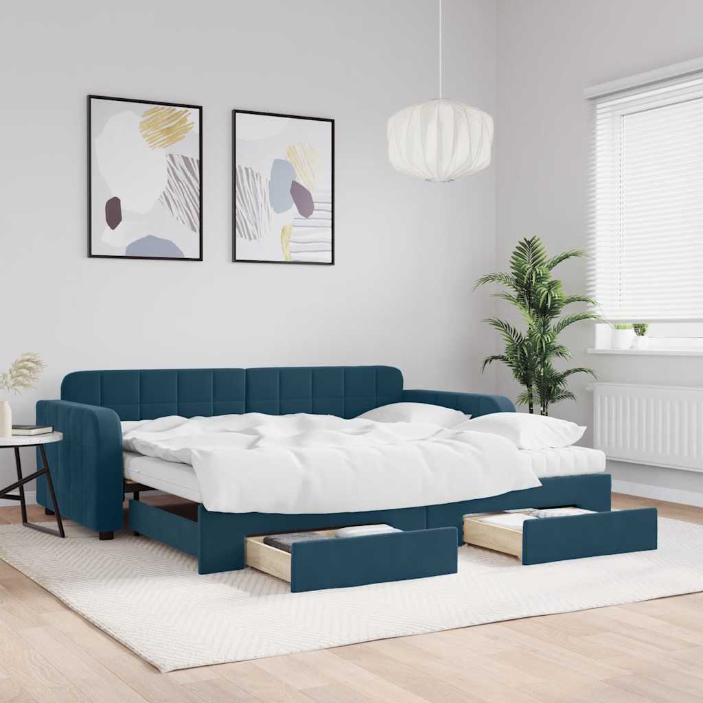 Slaapbank met onderschuifbed en lades 90x200 cm fluweel blauw