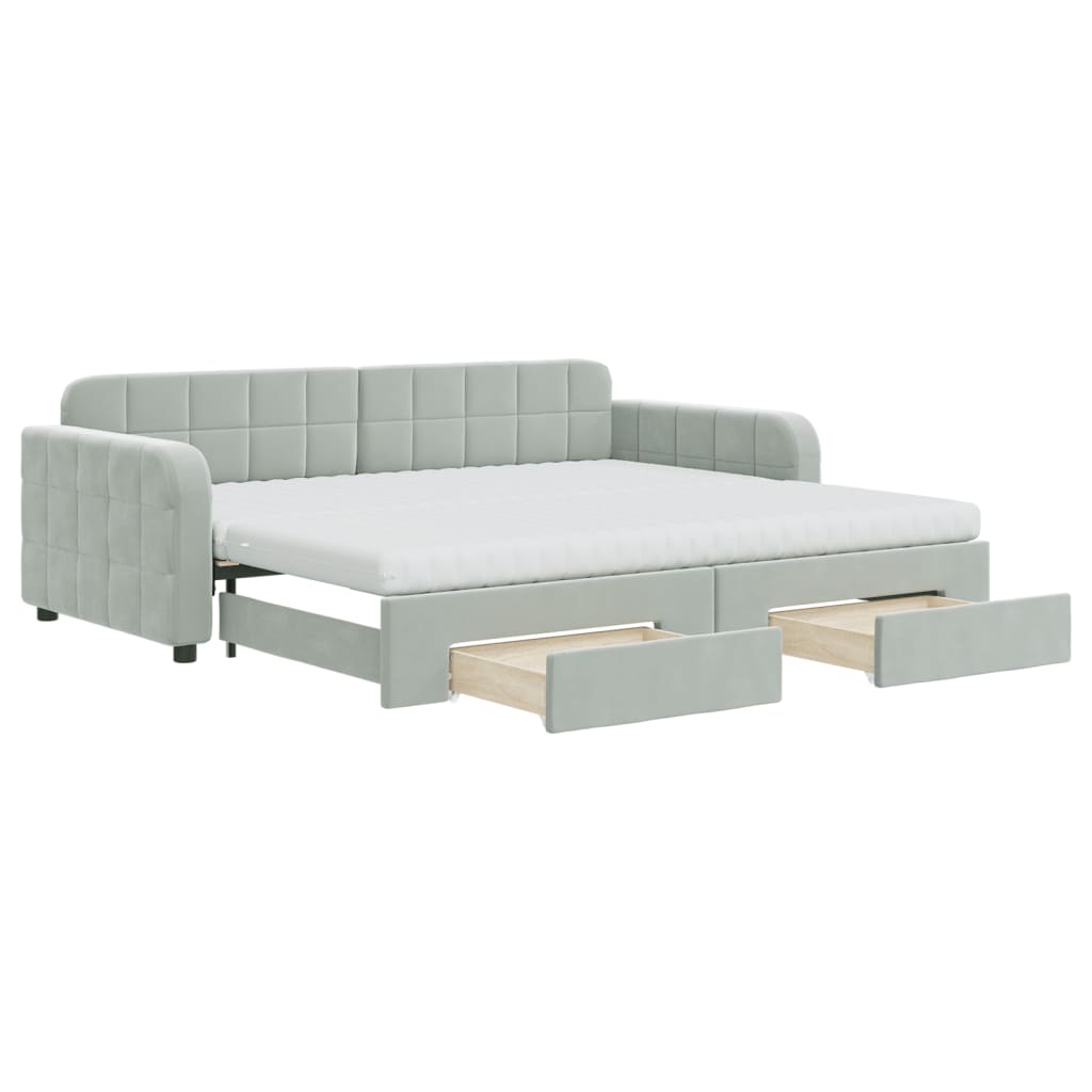 Slaapbank onderschuifbed en lades 90x200 cm fluweel lichtgrijs – afbeelding 2