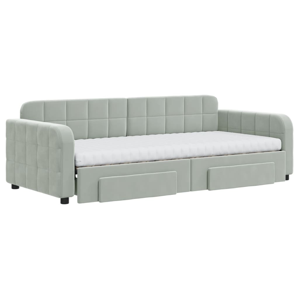 Slaapbank onderschuifbed en lades 90x200 cm fluweel lichtgrijs – afbeelding 3