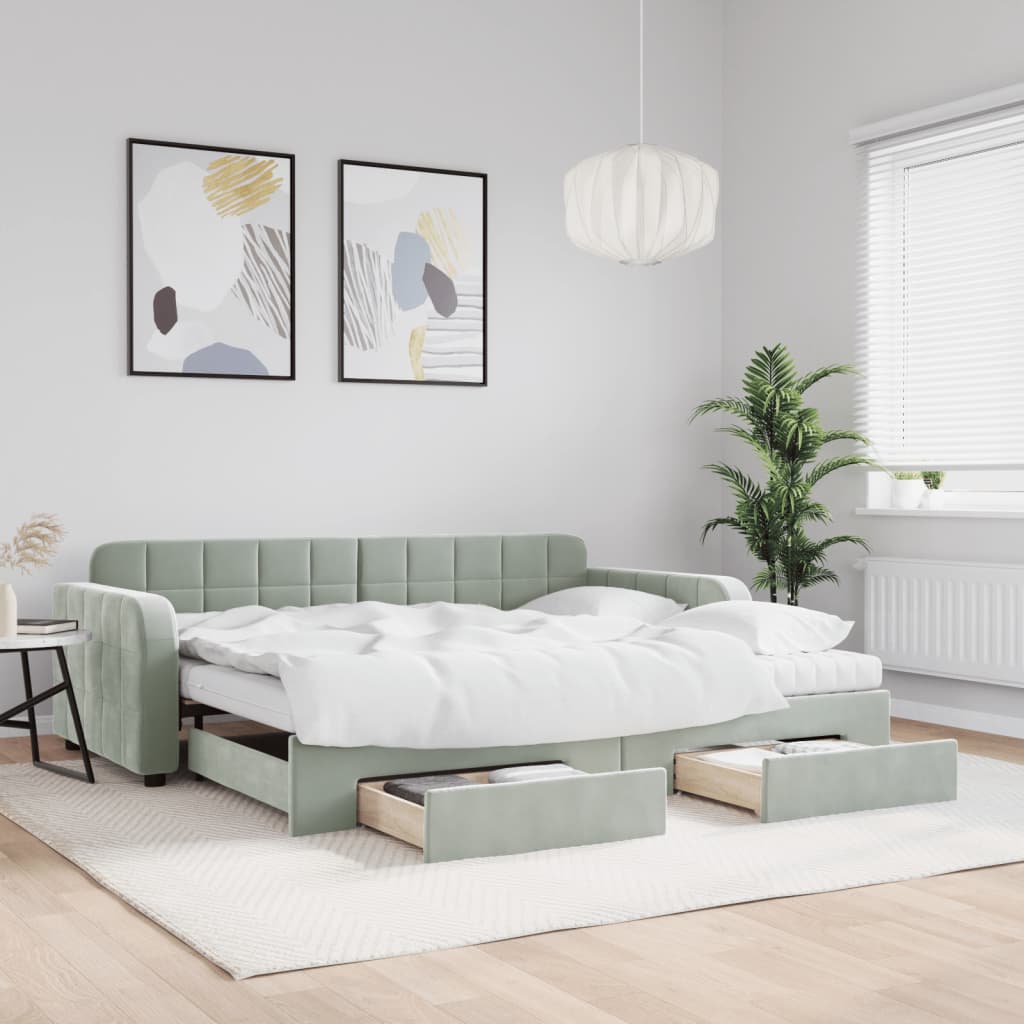 Slaapbank onderschuifbed en lades 90x190 cm fluweel lichtgrijs – afbeelding 1