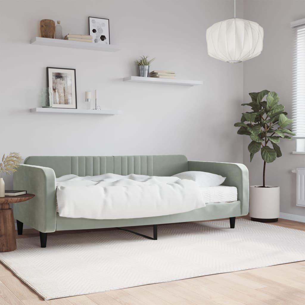 Slaapbank met matras 100x200 cm fluweel lichtgrijs – afbeelding 1