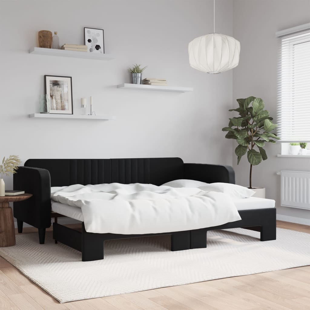 Slaapbank met onderschuifbed 90x200 cm fluweel zwart – afbeelding 1