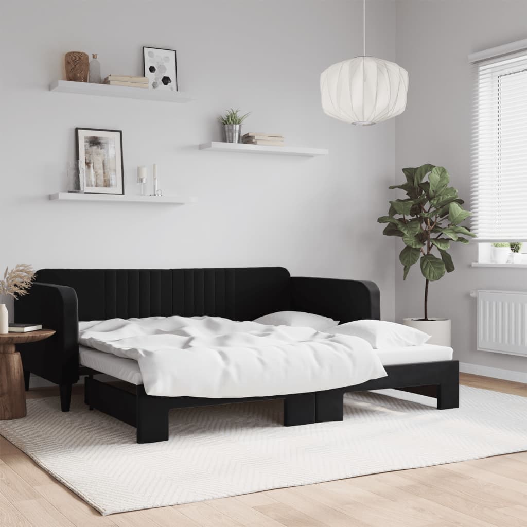 Slaapbank met onderschuifbed 90x190 cm fluweel zwart