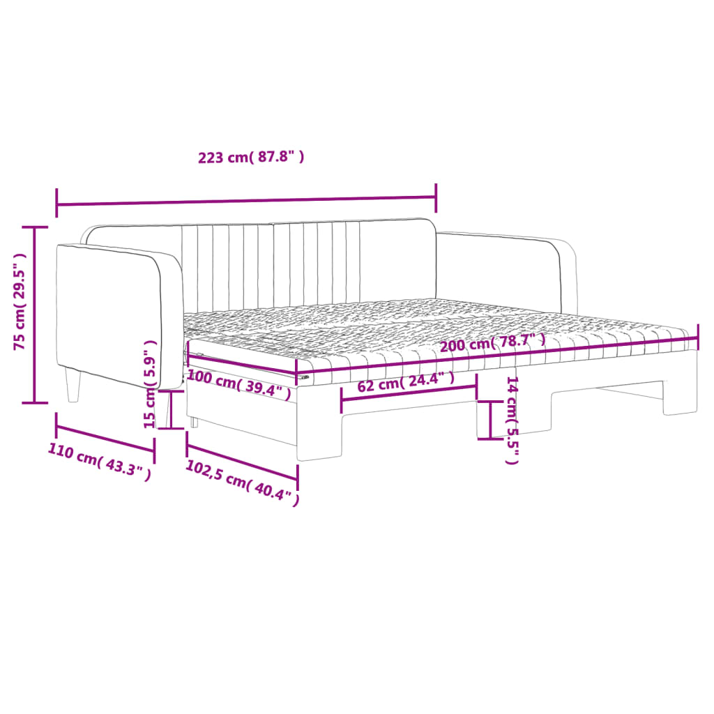 Slaapbank onderschuifbed en matrassen 100x200 cm fluweel roze – afbeelding 12
