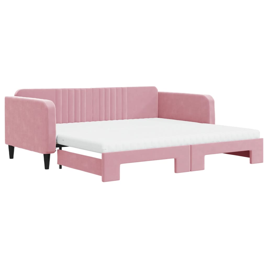 Slaapbank onderschuifbed en matrassen 100x200 cm fluweel roze – afbeelding 2