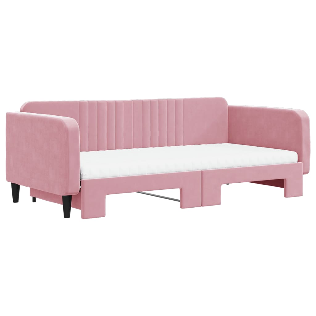 Slaapbank onderschuifbed en matrassen 100x200 cm fluweel roze – afbeelding 3