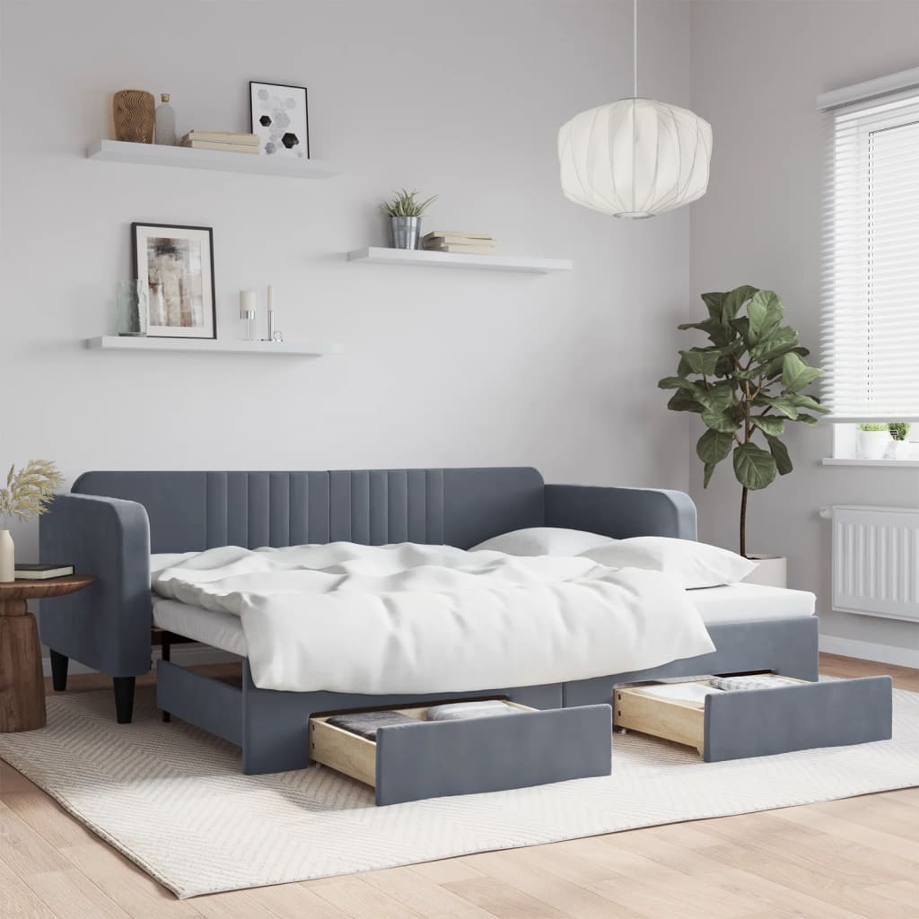 Slaapbank onderschuifbed en lades 90x200 cm fluweel donkergrijs – afbeelding 1
