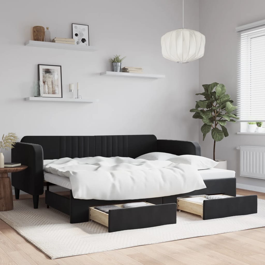 Slaapbank met onderschuifbed en lades 90x200 cm fluweel zwart – afbeelding 1