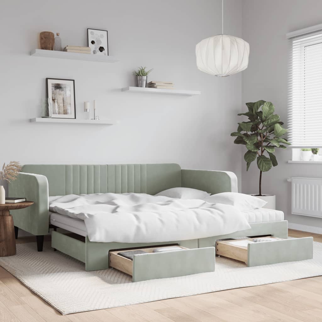 Slaapbank onderschuifbed en lades 100x200 cm fluweel lichtgrijs – afbeelding 1