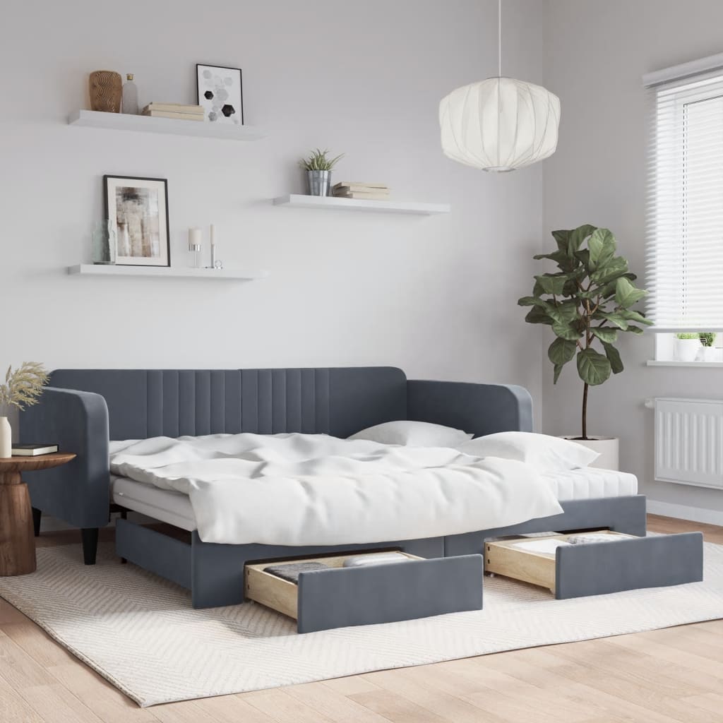 Slaapbank onderschuifbed lades 100x200 cm fluweel donkergrijs – afbeelding 1