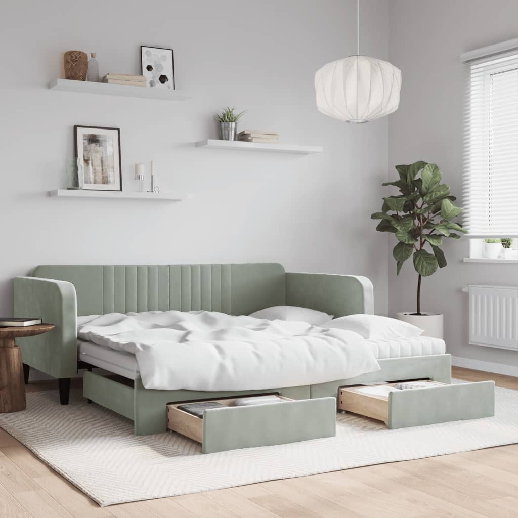 Slaapbank onderschuifbed en lades 90x190 cm fluweel lichtgrijs – afbeelding 1