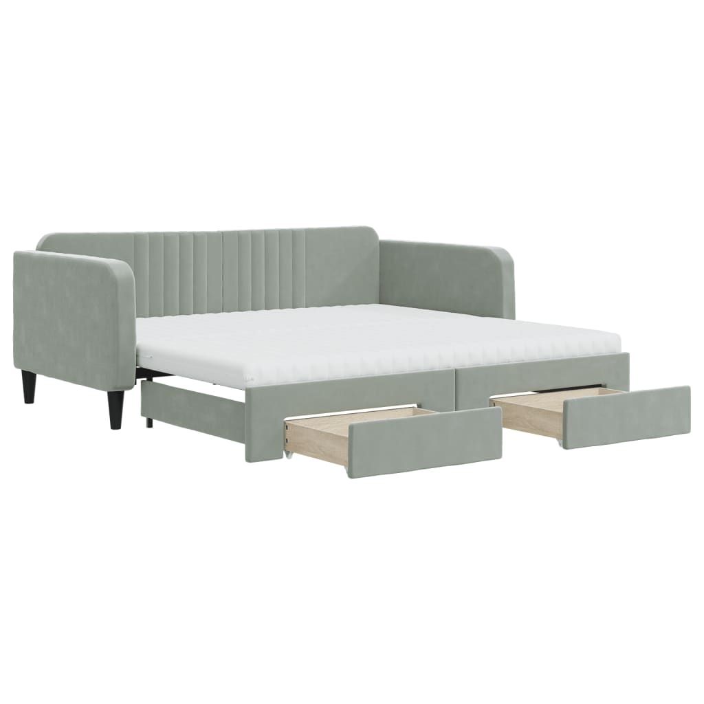 Slaapbank onderschuifbed en lades 90x190 cm fluweel lichtgrijs – afbeelding 2