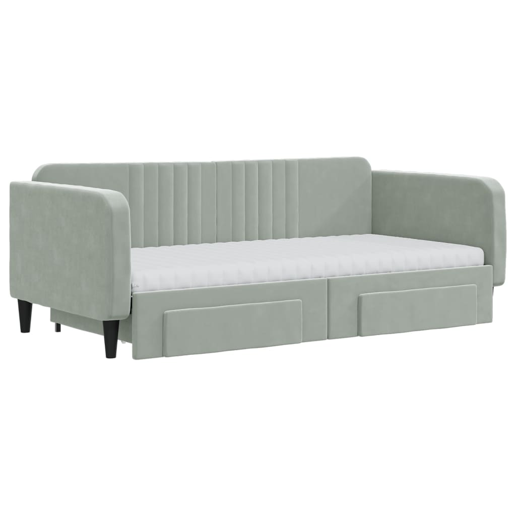 Slaapbank onderschuifbed en lades 90x190 cm fluweel lichtgrijs – afbeelding 3