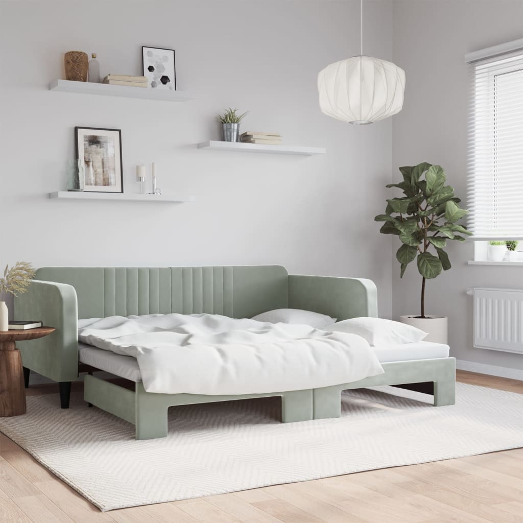 Slaapbank met onderschuifbed 100x190 cm fluweel lichtgrijs – afbeelding 1
