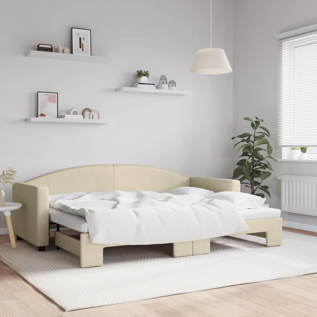 Slaapbank met onderschuifbed 80x200 cm stof crèmekleurig – afbeelding 1