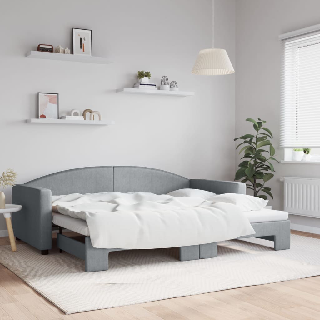 Slaapbank met onderschuifbed 90x200 cm stof lichtgrijs – afbeelding 1
