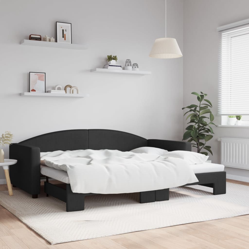 Slaapbank met onderschuifbed 90x200 cm stof zwart – afbeelding 1